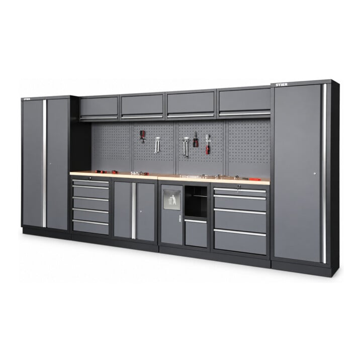 Equipement d'atelier STIER Basic 6 pièces avec panneau perforé et plan de travail en bois multiplis lxPxH 4 235x460x2 000 mm