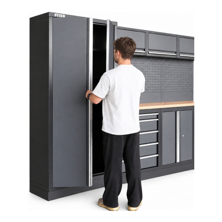 Equipement d'atelier STIER Basic 6 pièces avec panneau perforé et plan de travail en bois multiplis lxPxH 4 235x460x2 000 mm