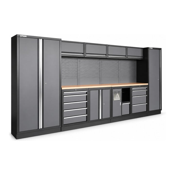 Equipement d'atelier STIER Basic 6 pièces avec panneau perforé et plan de travail en bois multiplis lxPxH 4 235x460x2 000 mm