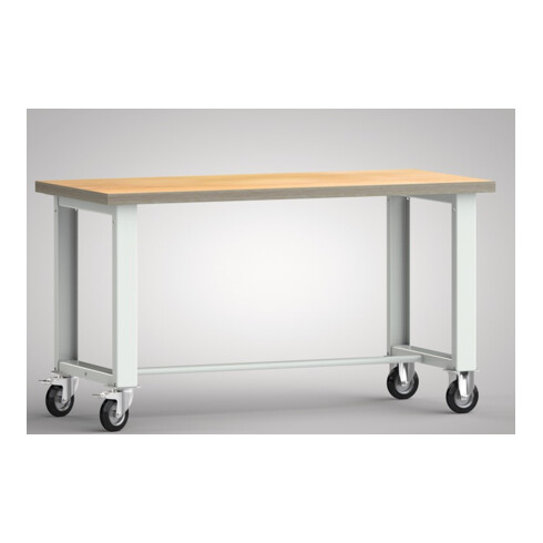 Établi B1500xI700xP840mm hêtre multiplex gris clair, roulettes fixes et pivotantes VG D125mm