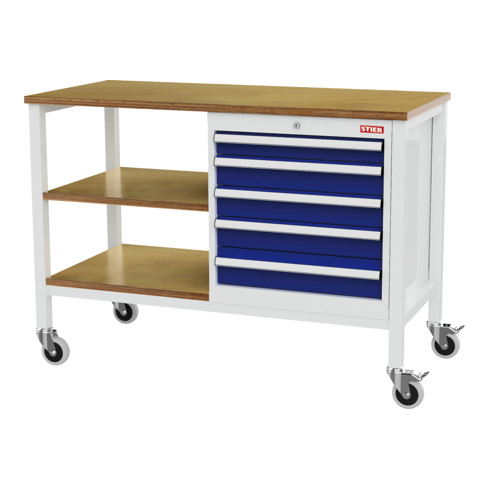 établi bureau mobile STIER avec 5 tiroirs et 2 tablettes en bois, lxPxH 1 300x600x960 mm, RAL 7035 / RAL 5010
