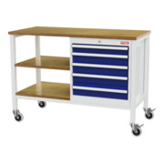 établi bureau mobile STIER avec 5 tiroirs et 2 tablettes en bois, lxPxH 1 300x600x960 mm, RAL 7035 / RAL 5010