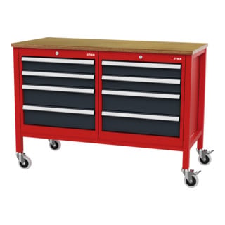 établi bureau mobile STIER avec 8 tiroirs, lxPxH 1 300x600x960 mm, RAL 3020 / RAL 7016