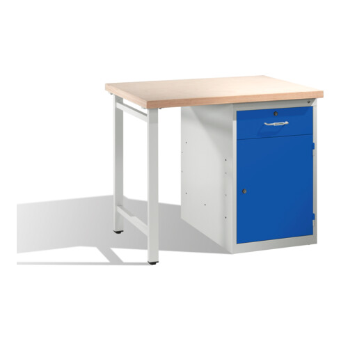 Etabli C+P avec plan de travail multiplex et 1 armoire indépendante Corps bleu Gentiane avant Corps gris clair