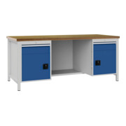 Établi gris clair bleu signal B2000×H859×P750 mm hêtre multiplis 40 mm 2 tiroirs 2 portes