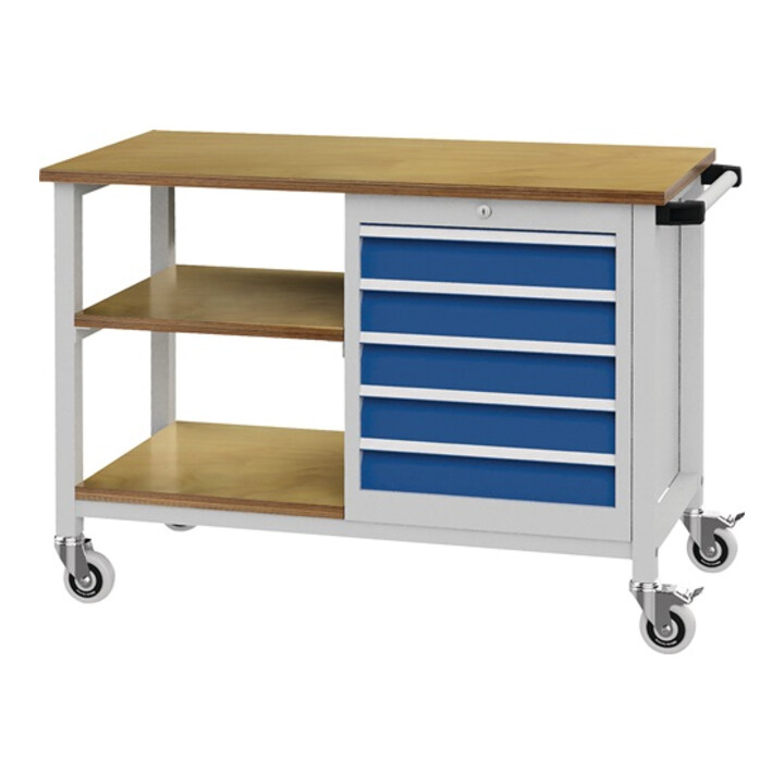 Établi l.1200xP540xH859mm hêtre Multiplex gris clair, RAL 7035 bleu séc., RAL 50
