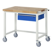 Etabli mobile Rau avec traverse et tiroir 880 mm 700 mm plaque de hêtre massif