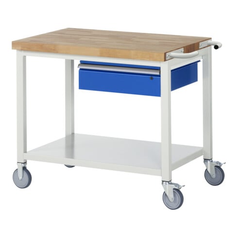 Etabli mobile Rau avec étagère et tiroir 880 mm 700 mm plaque de hêtre massif