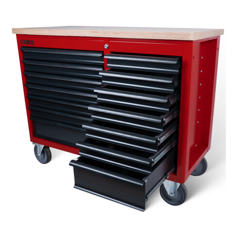 Établi mobile STIER XXL, double avec 14 tiroirs, vide, gris