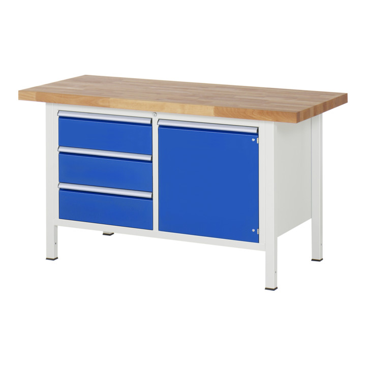 Werkbank, BxTxH 1500x700x840 mm, 3 Schubladen 180 mm, 1 Tür 540 mm, 1 Boden, Arbeitsplatte Buche  massiv 40 mm, Korpus RAL 7035, Front RAL 5010 + Einteilungsset für Schubladen BxT 490x560 mm: Kleinteileeinsatz mit 16 Fächern, für Fronthöhe 120-27  0 mm