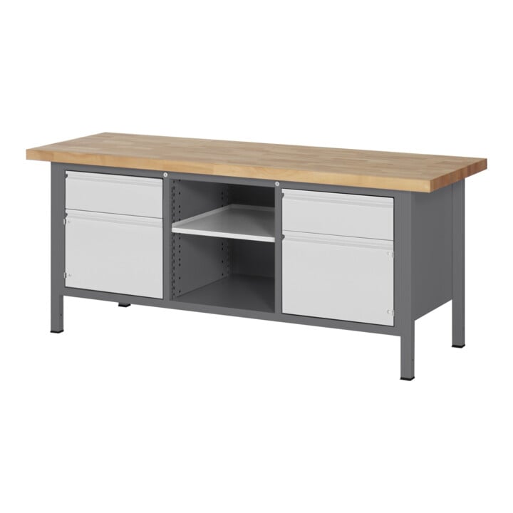 STIER Höhenverstellbare Werkbank Premium mit 2 Schubladen und 2 Flügeltüren BxTxH 2000x700x840-1040mm + STIER Werkbankaufbau BxH 2000x900mm