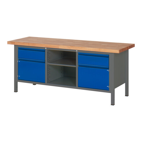 Etabli réglable en hauteur STIER Premium avec 2 tiroirs et 2 portes battantes, lxPxH 2 000x700x840-1 040 mm, anthracite métallisé / RAL 5010