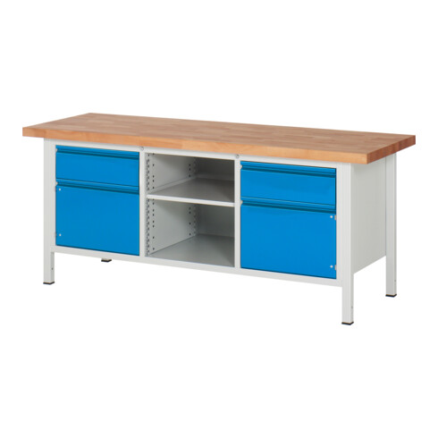 Etabli réglable en hauteur STIER Premium avec 2 tiroirs et 2 portes battantes, lxPxH 2 000x700x840-1 040 mm, RAL 7035 / RAL 5012