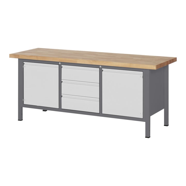 STIER Höhenverstellbare Werkbank Premium mit 3 Schubladen und 2 Flügeltüren BxTxH 2000x700x840-1040mm + STIER Werkbankaufbau BxH 2000x900mm
