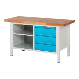 Etabli réglable en hauteur STIER Premium avec 3 tiroirs et un compartiment ouvert, lxPxH 1 500x700x840-1 040 mm, RAL 7035 / RAL 5012
