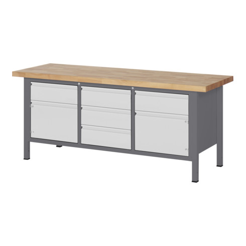 Etabli réglable en hauteur STIER Premium avec 5 tiroirs et 2 portes battantes, lxPxH 2 000x700x840-1 040 mm