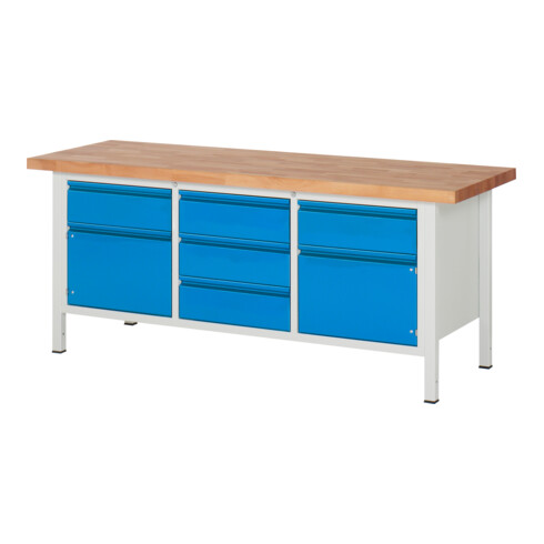 Etabli réglable en hauteur STIER Premium avec 5 tiroirs et 2 portes battantes, lxPxH 2 000x700x840-1 040 mm, RAL 7035 / RAL 5012