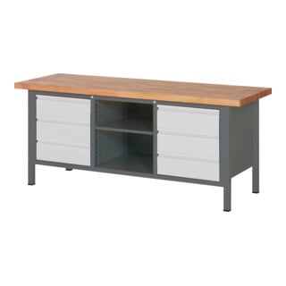 Etabli réglable en hauteur STIER Premium avec 6 tiroirs et un compartiment ouvert, lxPxH 2 000x700x840-1 040 mm