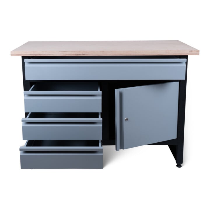 STIER Werkbank Basic 4 Schubladen und 1 Tür HxBxT 1200x840x600 mm leer + STIER Systainer³ I Black Edition + STIER Bodenpolster für Systainer³, T-Loc, Classic + STIER Systainer® T-LOC MFT BLACK-Edition + STIER Würfelpolster 25 mm Raster für Systainer