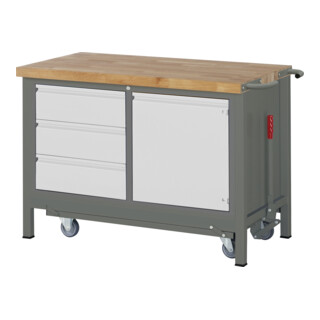Etabli STIER Premium avec châssis roulant abaissable, 3 tiroirs et 1 porte battante, lxPxH 1 250x700x880 mm