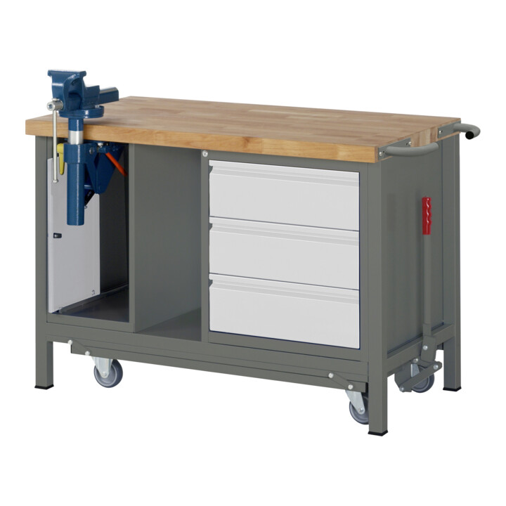 STIER Werkbank Premium mit abs. Fahrgestell, 3 Schubladen und Schraubstock BxTxH 1250x700x880mm + STIER Werkbankaufbau BxH 1250x900mm