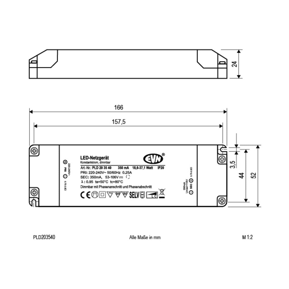 EVN Lichttechnik Alimentation LED 350mA 18,6-37,1W IP20 PLD203540