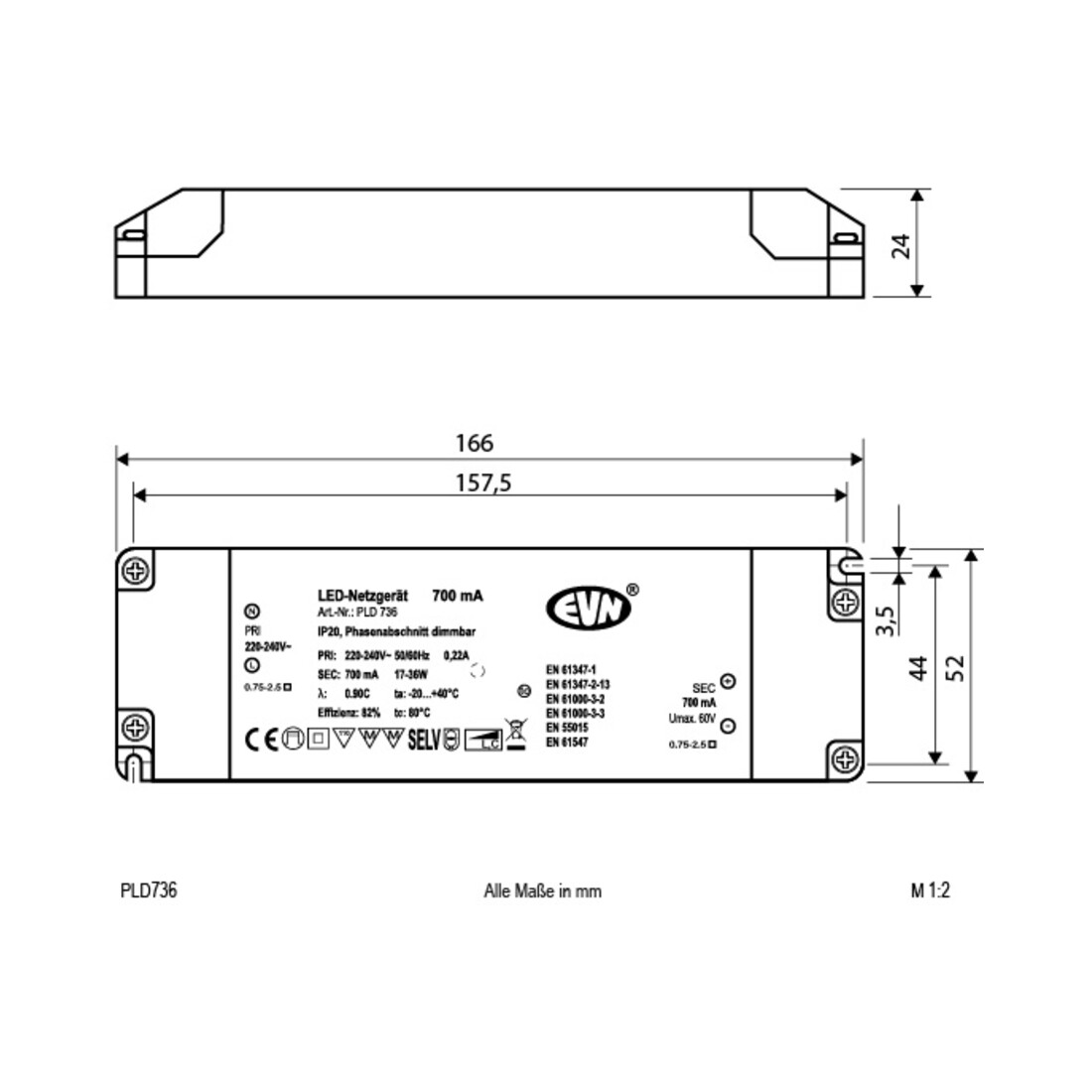 EVN Lichttechnik Alimentation LED 700mA 17-36 Watt dim PLD 736