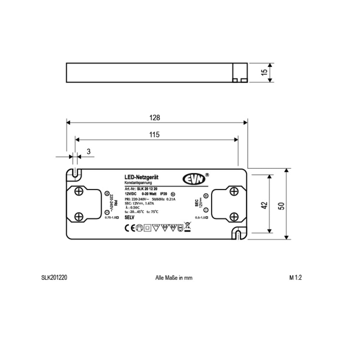 EVN Lichttechnik LED-Netzgerät 12VDC 0-20W IP20 SLK201220