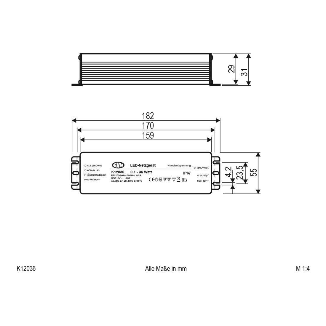 EVN Lichttechnik LED-Netzgerät 12VDC 0-36W IP67 K 12036