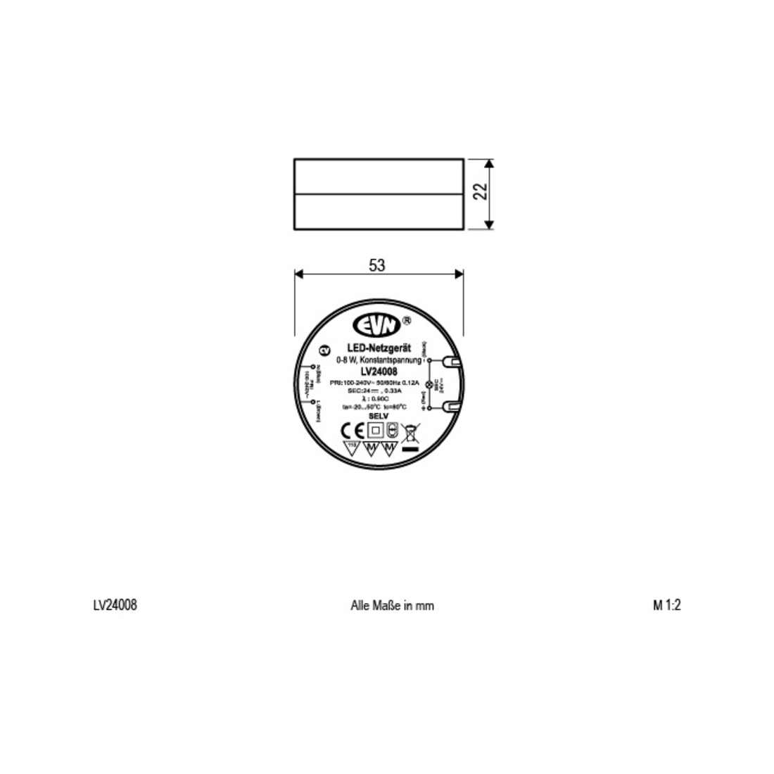 EVN Lichttechnik LED-Netzgerät 24VDC 0,1-8W rund LV 24008