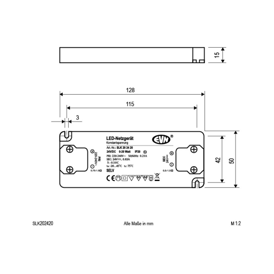 EVN Lichttechnik LED-Netzgerät 24VDC 0-20W IP21 SLK202420