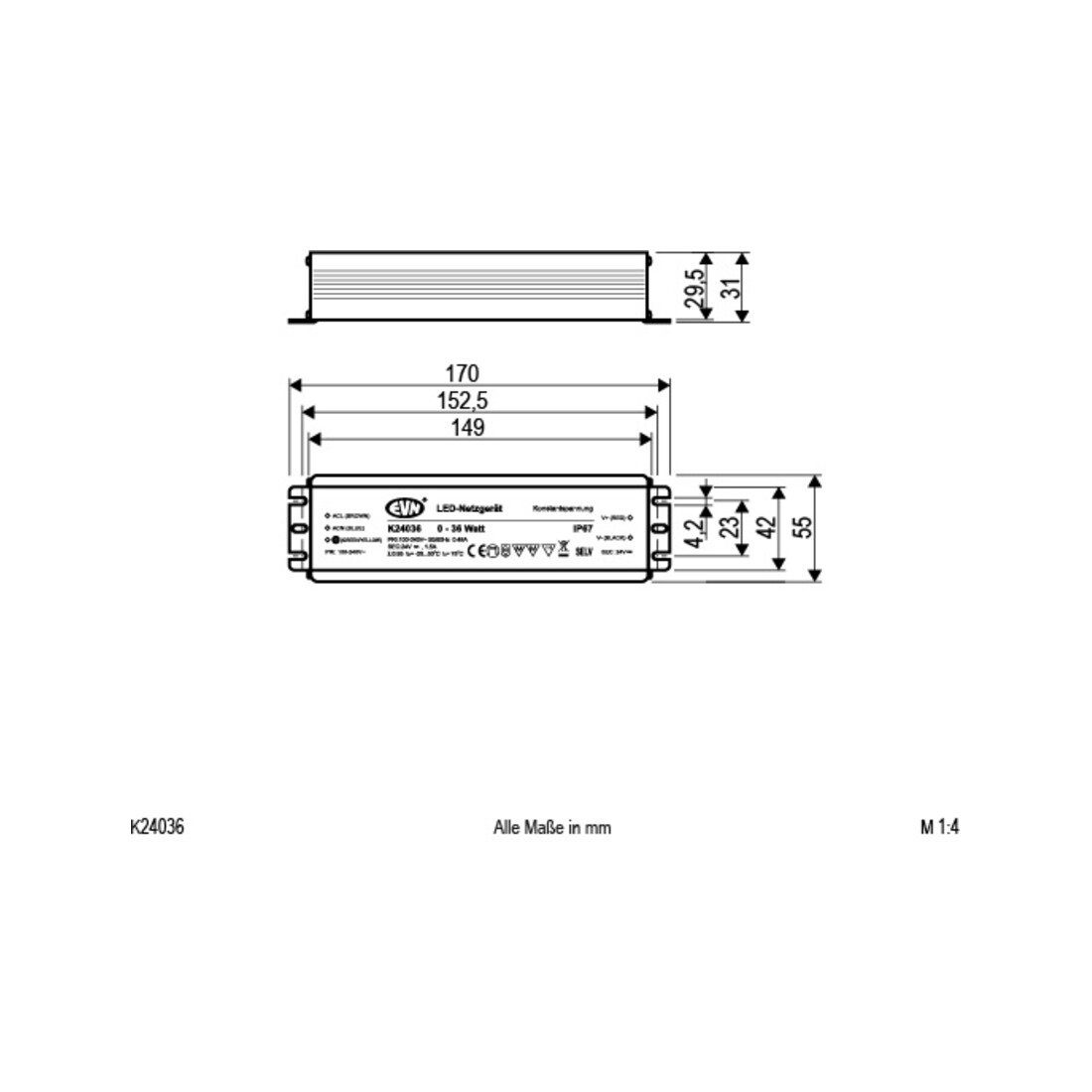 EVN Lichttechnik LED-Netzgerät 24VDC 0-36W IP67 K 24036