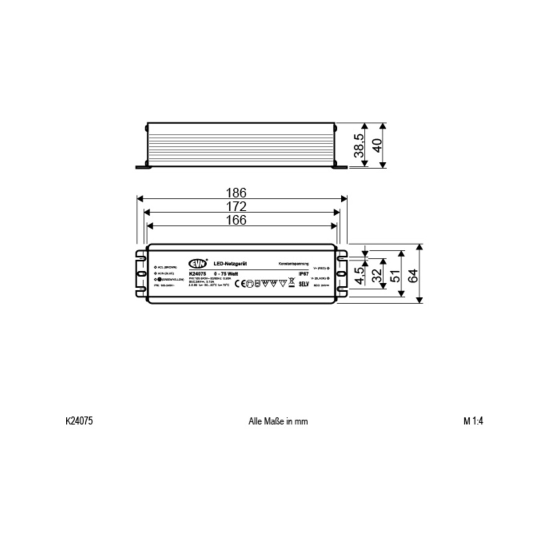 EVN Lichttechnik LED-Netzgerät 24VDC 0-75W IP67 K 24075