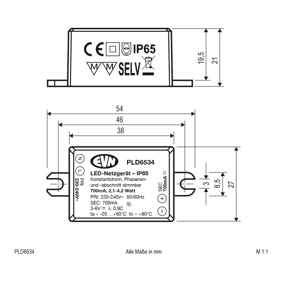 EVN Lichttechnik LED-Netzgerät 700mA 2,1-4,2W IP65 PLD6534