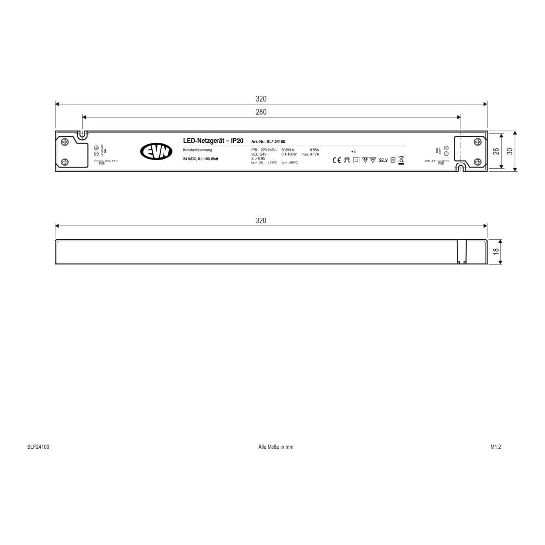 EVN Lichttechnik Netzgerät 24V/DC-0,1-100W IP20 SLF24100