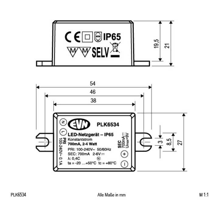 EVN Lichttechnik P-LED Netzgerät IP65 700mA 2-4W PLK6534