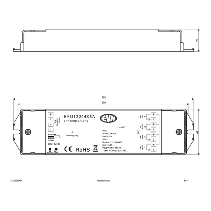 EVN Lichttechnik Télécommande LED radio 868 MHz 240-720W EFD12244X5A