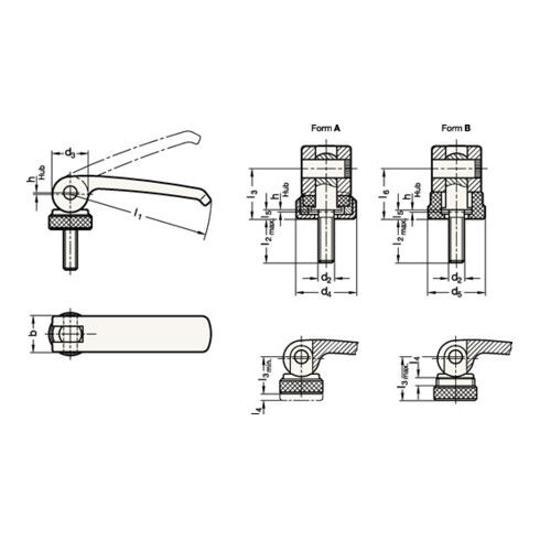 Exzenterspanner GN 927 d2 M 6mm l1 82mm l2 50mm Außengewinde,o.Stellmutter