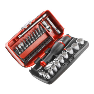 Facom assortiment 1/4" - aandrijfelementen, bits serie 1, twaalfkant dopsleutels, omkeerbare ratel ultra-compact doos, 27-delig