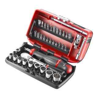 Facom assortiment 1/4" - aandrijfelementen, bits serie 1, zeskant dopsleutels, omkeerbare ratel inch afmetingen ultra-compacte doos, 38-delig