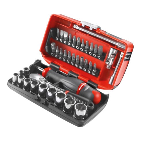 Facom assortiment 1/4" - aandrijfelementen, bits serie 1, zeskant dopsleutels, omkeerbare ratel ultra-compacte doos, 38-delig