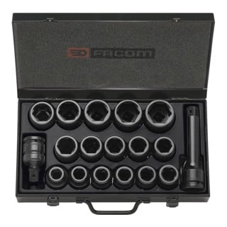 Facom assortiment 3/4" IMPACT - aandrijfelementen, zeskantbussen inchmaten metalen koffer, 18-delig
