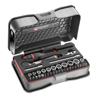 Facom Assortimento di chiavi a bussola 1/4", esagonali, metriche e inserti - 37pz. - cuscinetto in schiuma - R.161B