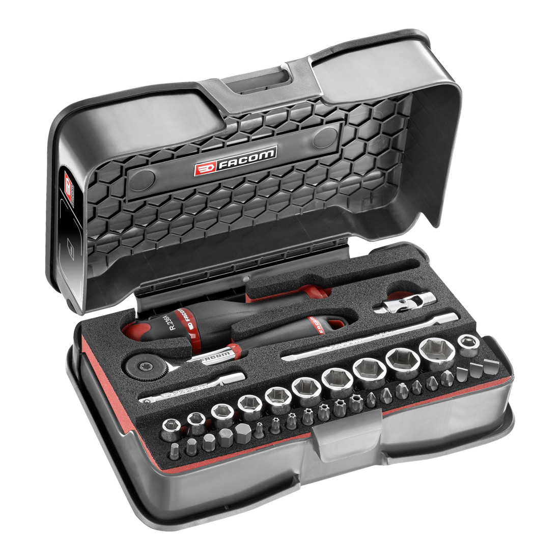 Facom Assortimento di chiavi a bussola 1/4", esagonali, metriche e inserti - 37pz. - cuscinetto in schiuma - R.161B