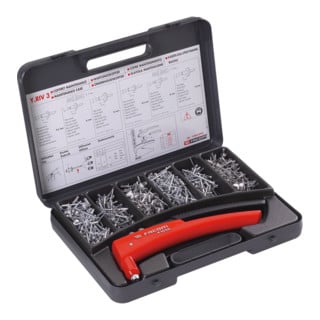 Facom klinknageltang voor aluminium en stalen blindklinknagels, aluminium blindklinknagels (standaard kop, brede kop) Ø 4 - 4,8 mm Set in kunststof koffer, ca. 600-delig