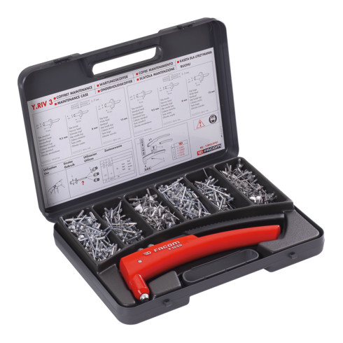 Facom Nietzange für Alu- und Stahlblindniete, Alu-Blindniete (Standardkopf, Breitkopf) Ø 4 - 4,8 mm Satz im Kunststoffkasten, ca. 600-tlg.