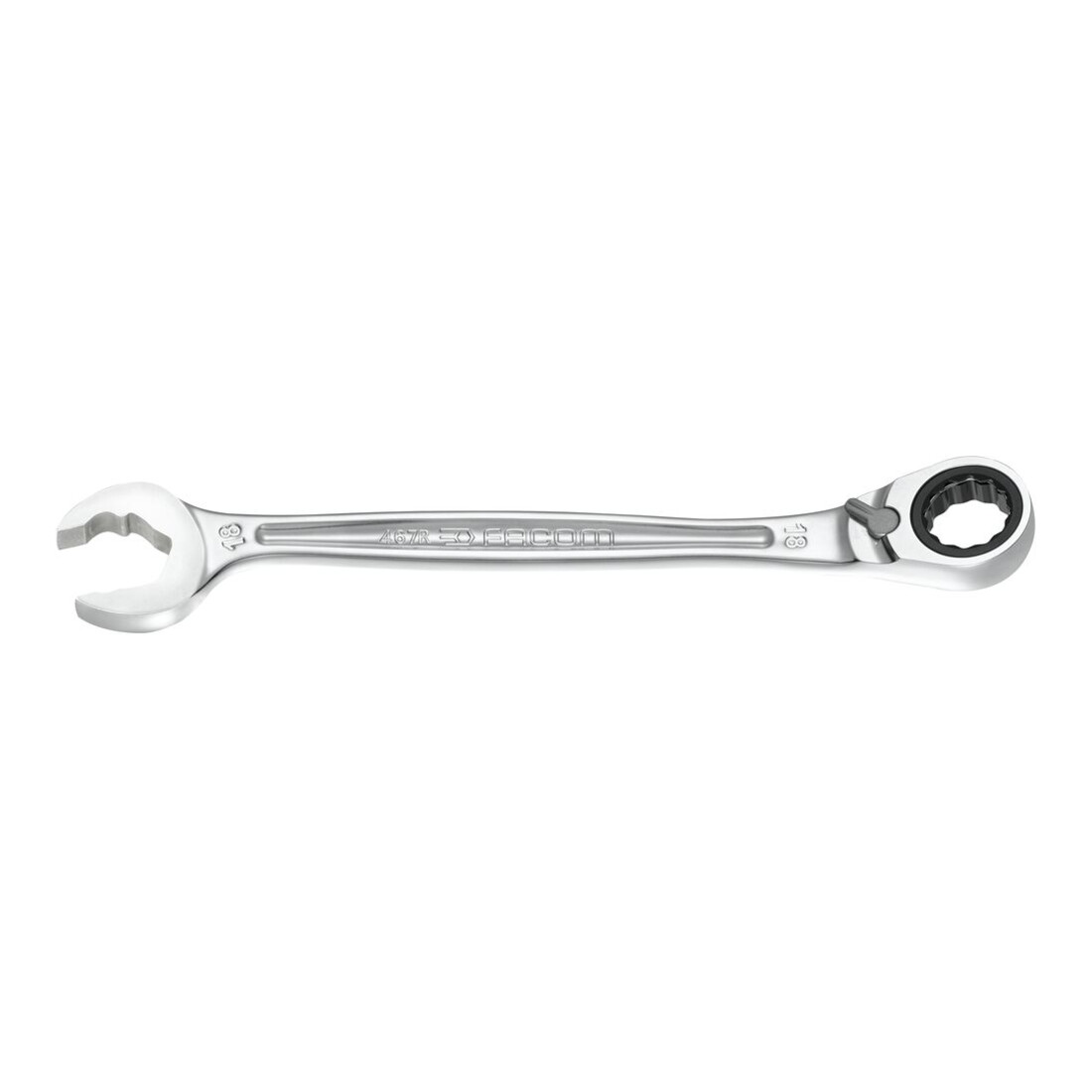 Facom steeksleutel / Ratelringsteeksleutel omkeerbaar 15° schuin, breedte over de platte kanten: 19 mm