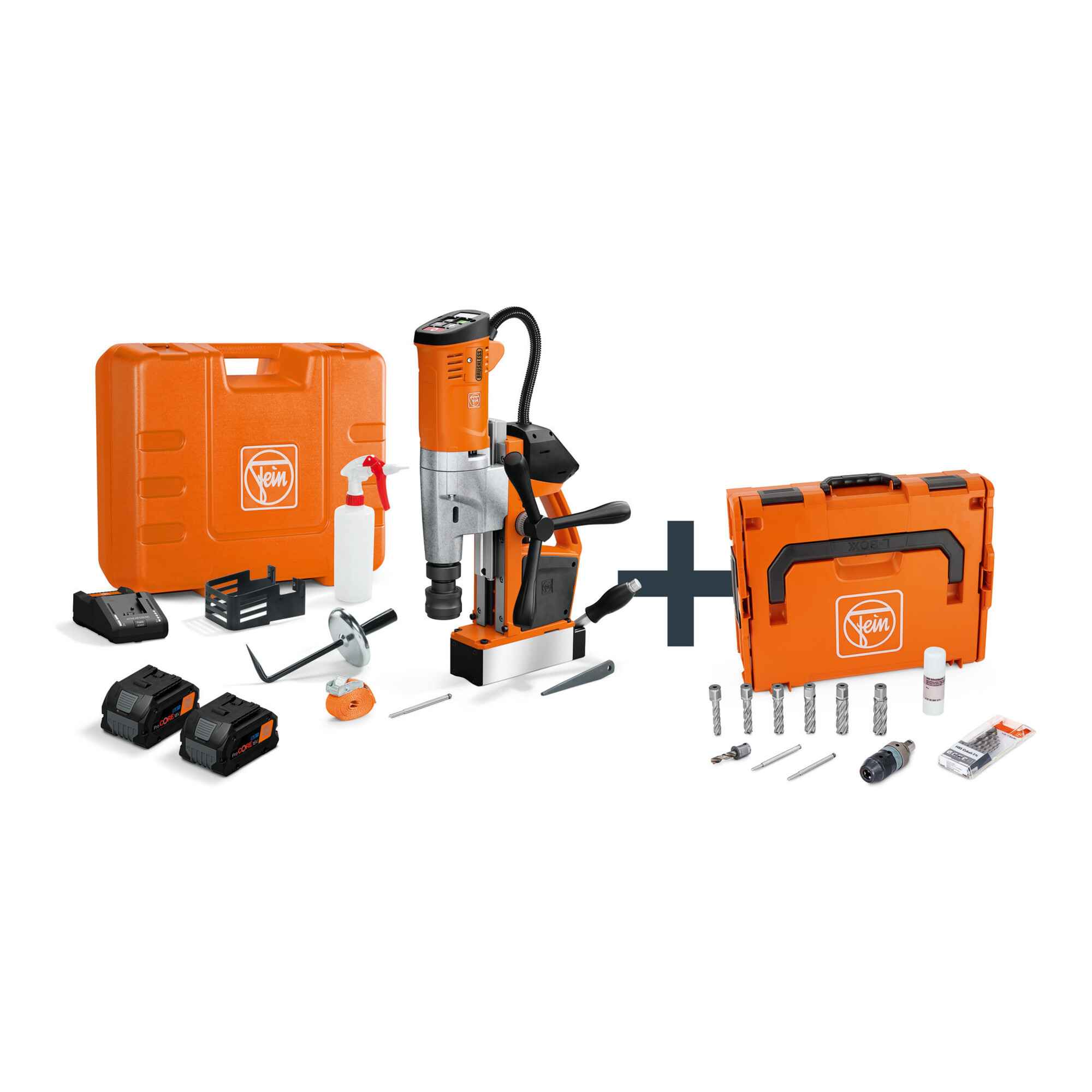 Fein Akku-Universal-Magnet-Kernbohrmaschine bis 35 mm mit Anwenderset, AKBU 35 PMQW 18 V AS Construction-Site 2x 8 Ah Set 3/4 in Weldon/HSS NOVA 50
