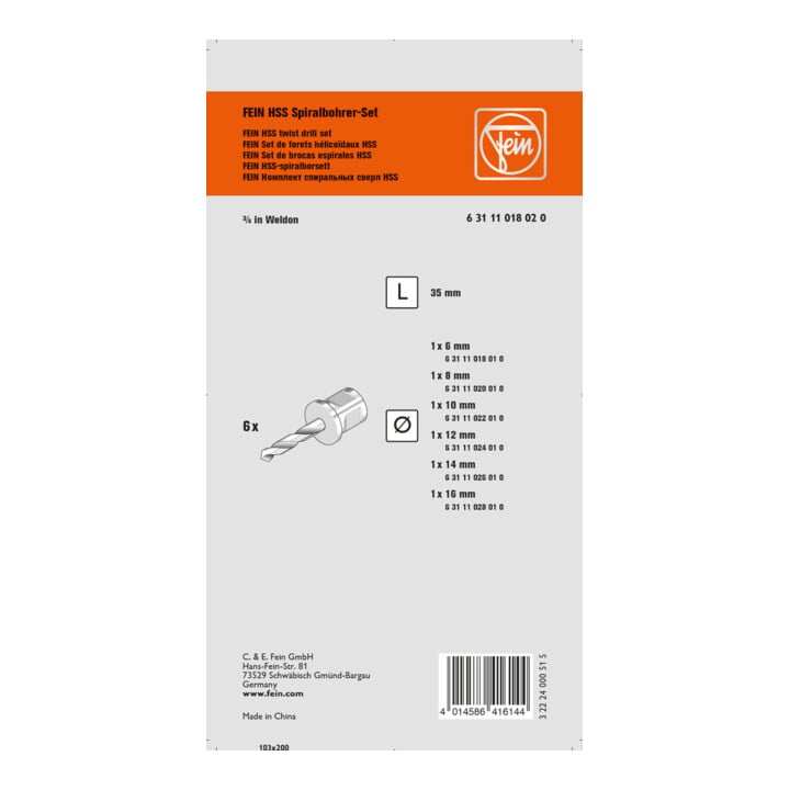 Fein HSS spiraalborenset met 3/4" Weldon-houder