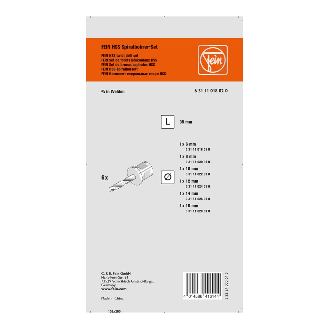 Fein HSS spiraalborenset met 3/4" Weldon-houder
